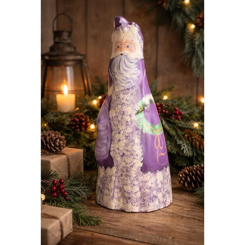 Signed Folk Art Wooden Santa 14" Hand Painted Primitive Christmas Judy C. Purple